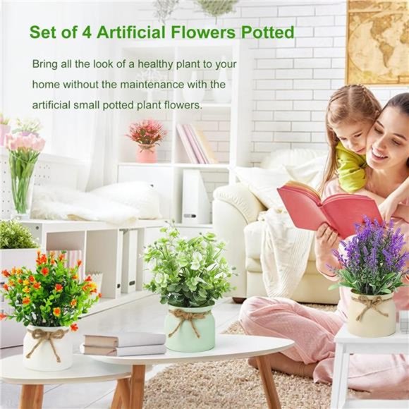 Fake Potted Plants - Set of 4 Artificial Potted Flowers Faux Plants Lavender - Picture 2 of 6
